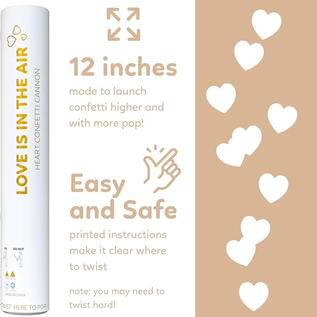 White heart biodegradable confetti cannon, 6-pack that launches up to 25 feet — product view 4