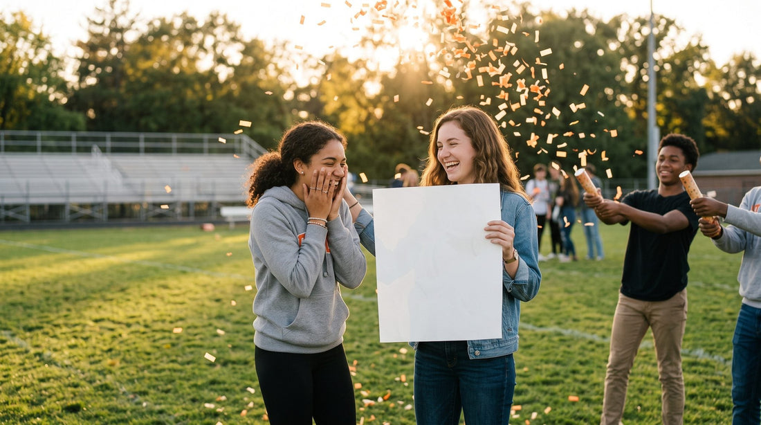 Two high school friends celebrating a homecoming proposal as orange confetti cannons go off on a football field at sunset