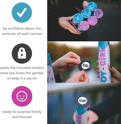 Gender reveal confetti cannon with gold hearts, 3 blue and 3 pink poppers — product view 6