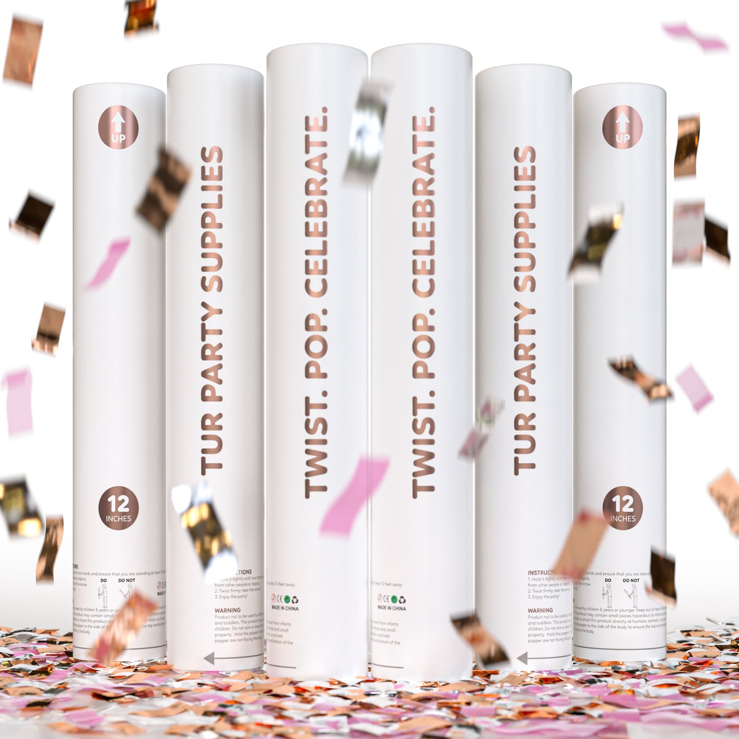 Rose gold metallic confetti cannon, 6-pack that launches up to 25 feet