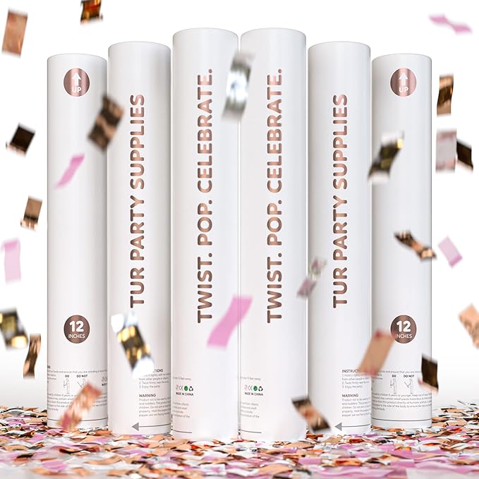 6 Pack Rose Gold Confetti Cannon, 12'' Popper Confetti