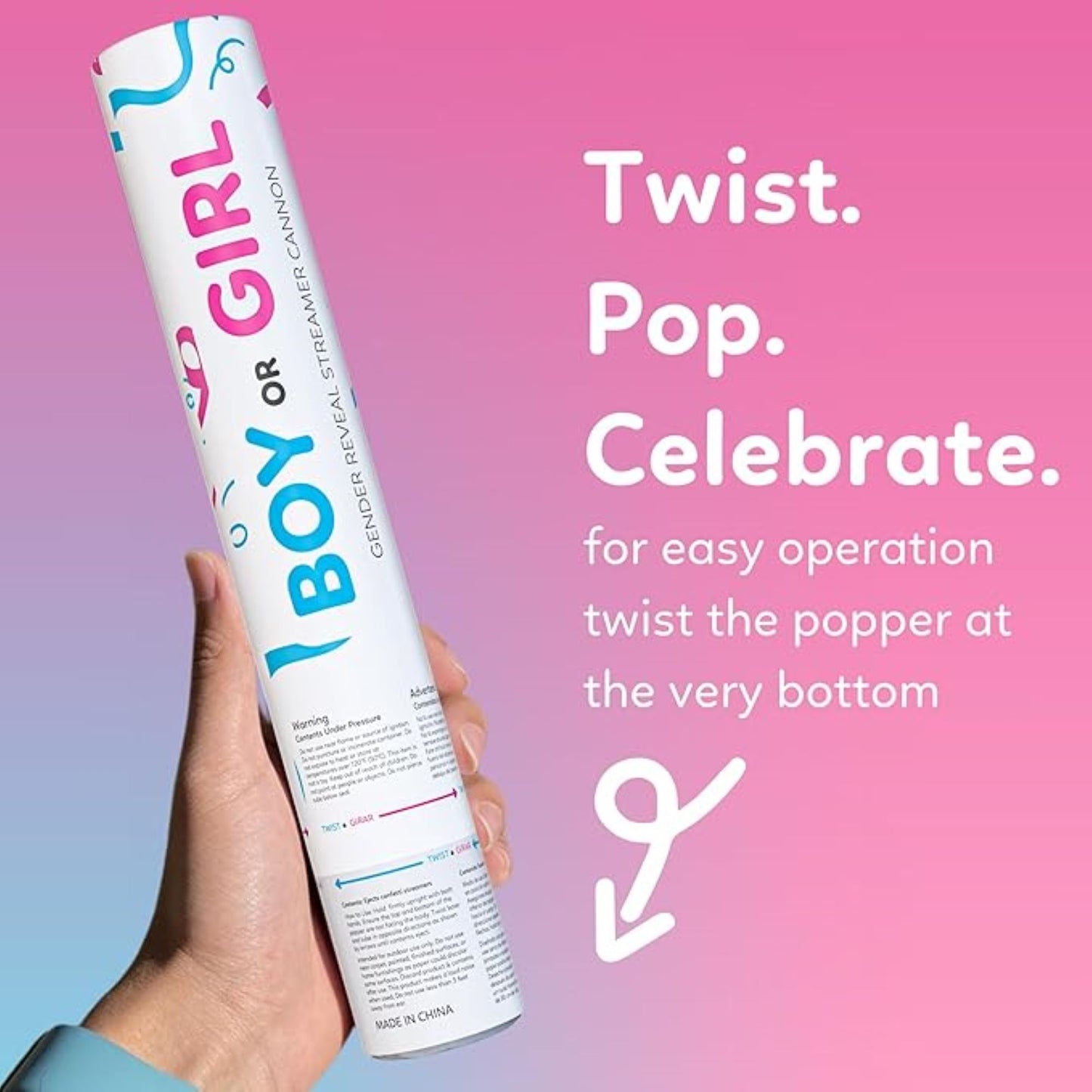 Gender reveal streamer cannon with 3 blue and 3 pink no-mess streamers — product view 6