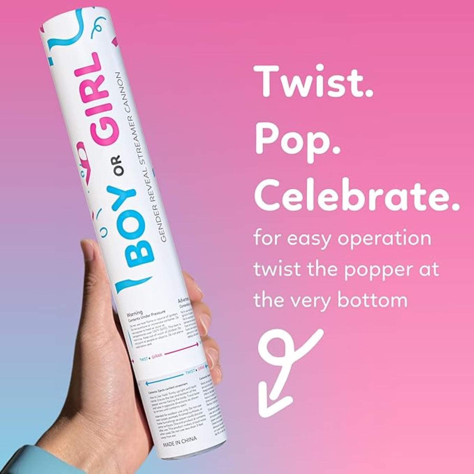 Gender reveal streamer cannon with 3 blue and 3 pink no-mess streamers — product view 6