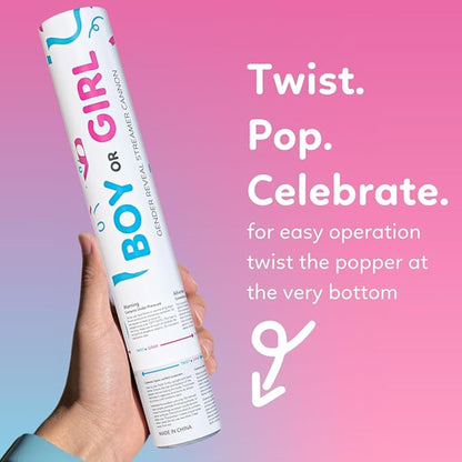 Gender reveal streamer cannon with 3 blue and 3 pink no-mess streamers — product view 6