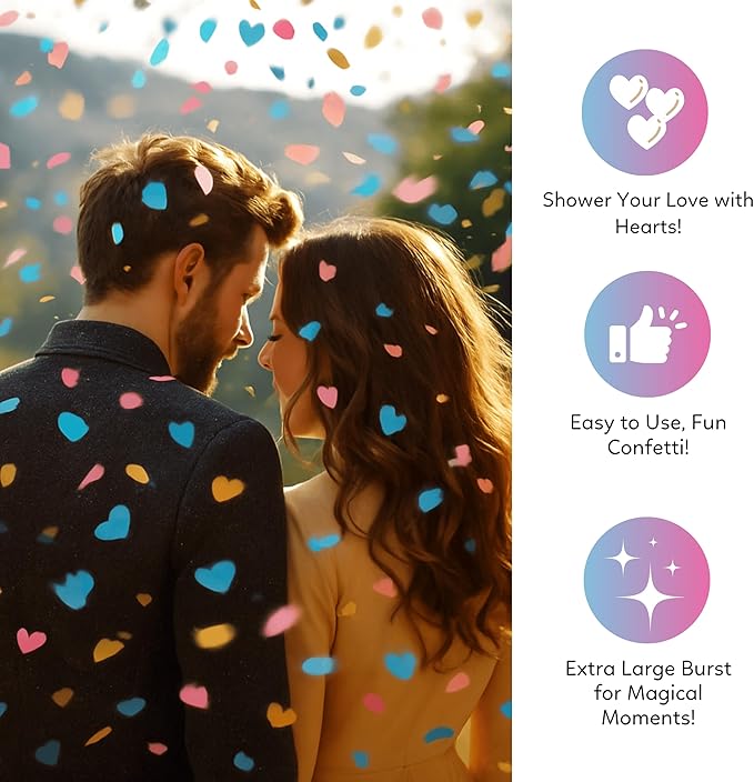 Gender reveal confetti cannon with gold hearts, 3 blue and 3 pink poppers — product view 2