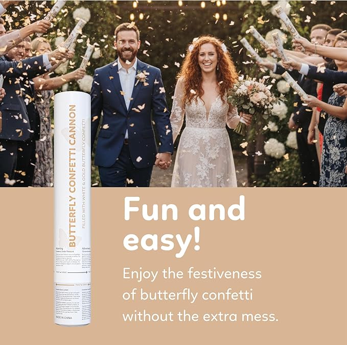 White and gold butterfly biodegradable confetti cannon, 6-pack that launches up to 25 feet — product view 3
