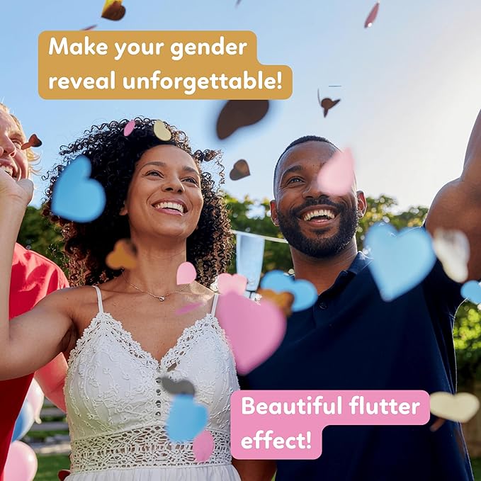Gender reveal confetti cannon with gold hearts, 3 blue and 3 pink poppers — product view 3