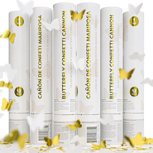 White and gold butterfly biodegradable confetti cannon, 6-pack that launches up to 25 feet