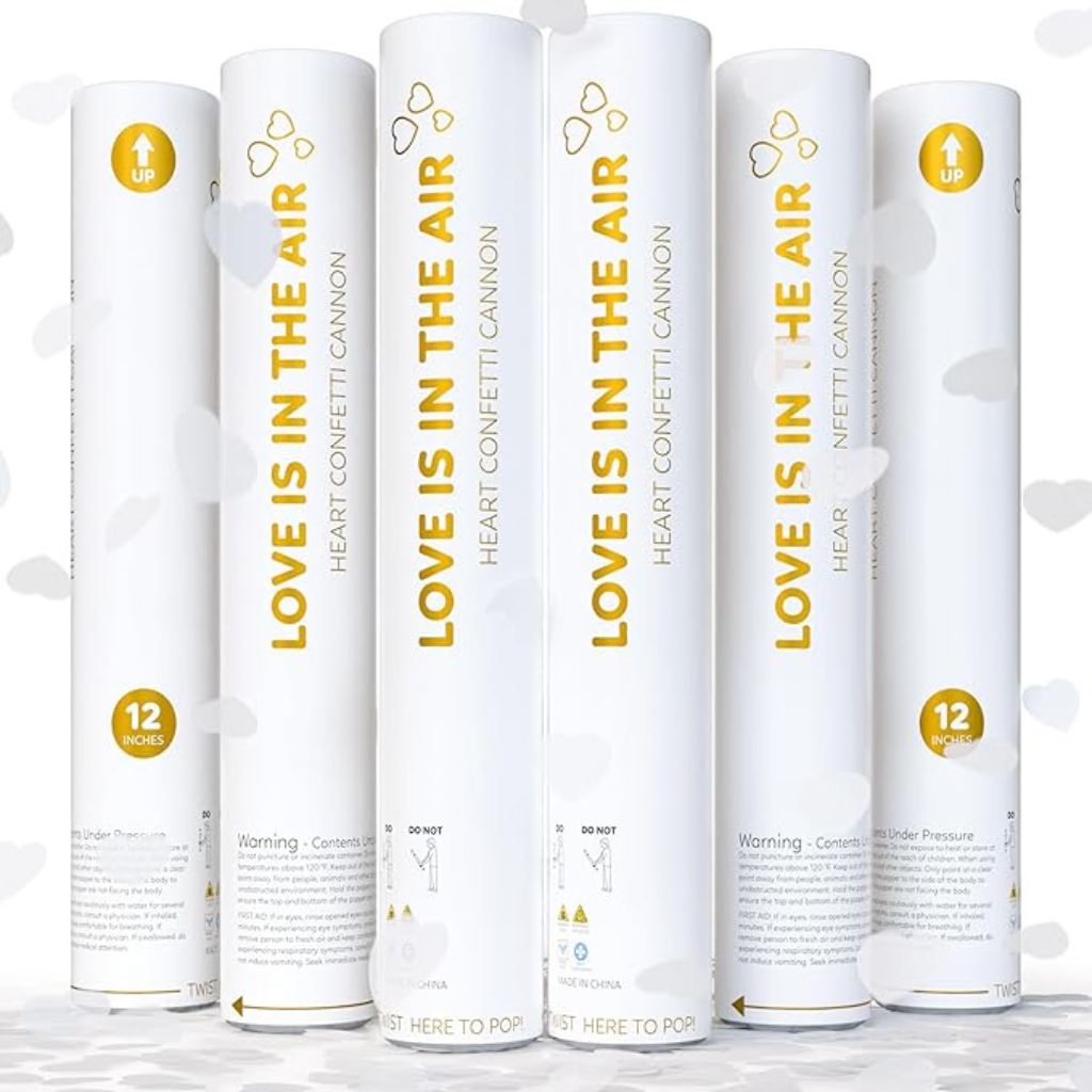 White heart biodegradable confetti cannon, 6-pack that launches up to 25 feet