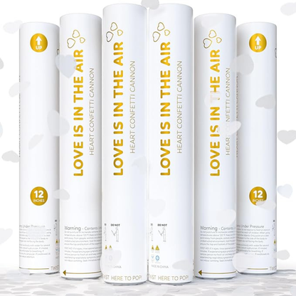 White heart biodegradable confetti cannon, 6-pack that launches up to 25 feet