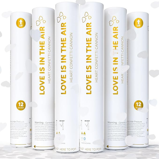 White heart biodegradable confetti cannon, 6-pack that launches up to 25 feet