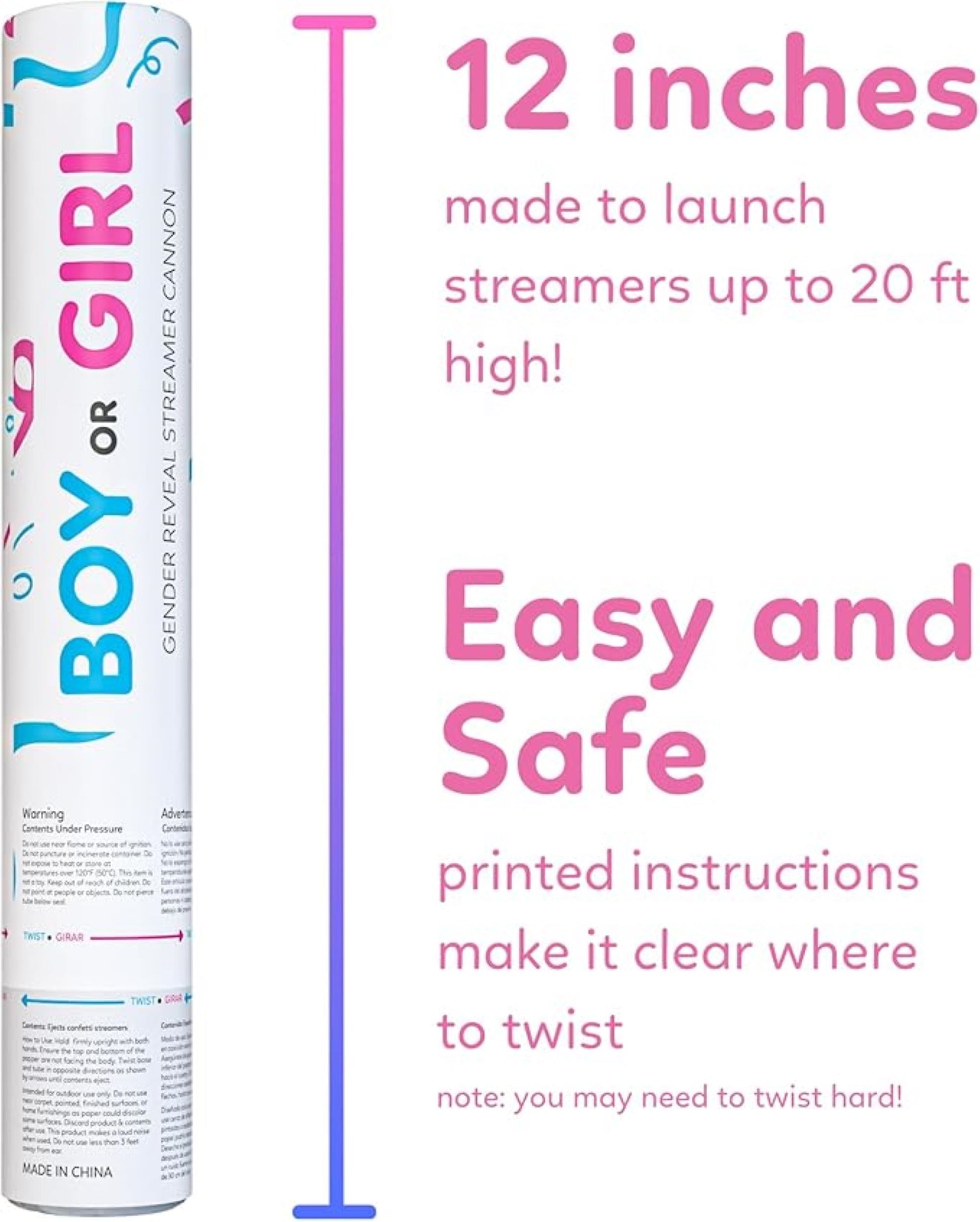Gender reveal streamer cannon with 3 blue and 3 pink no-mess streamers — product view 5