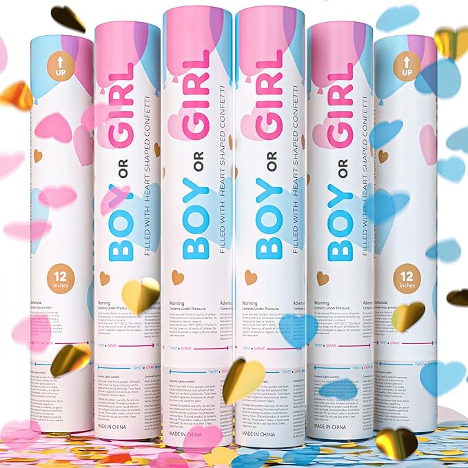 Gender reveal confetti cannon with gold hearts, 3 blue and 3 pink poppers
