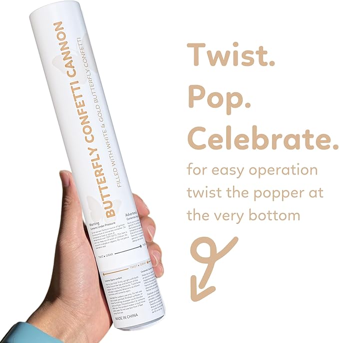 White and gold butterfly biodegradable confetti cannon, 6-pack that launches up to 25 feet — product view 4