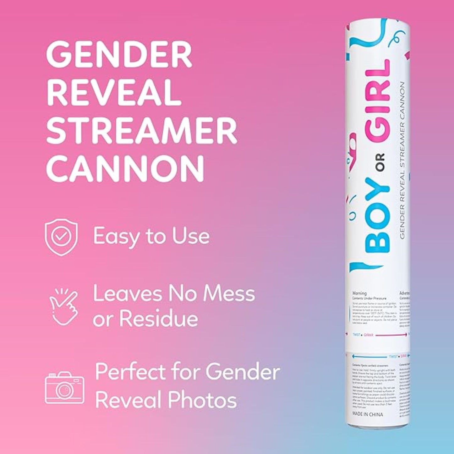 Gender reveal streamer cannon with 3 blue and 3 pink no-mess streamers — product view 4
