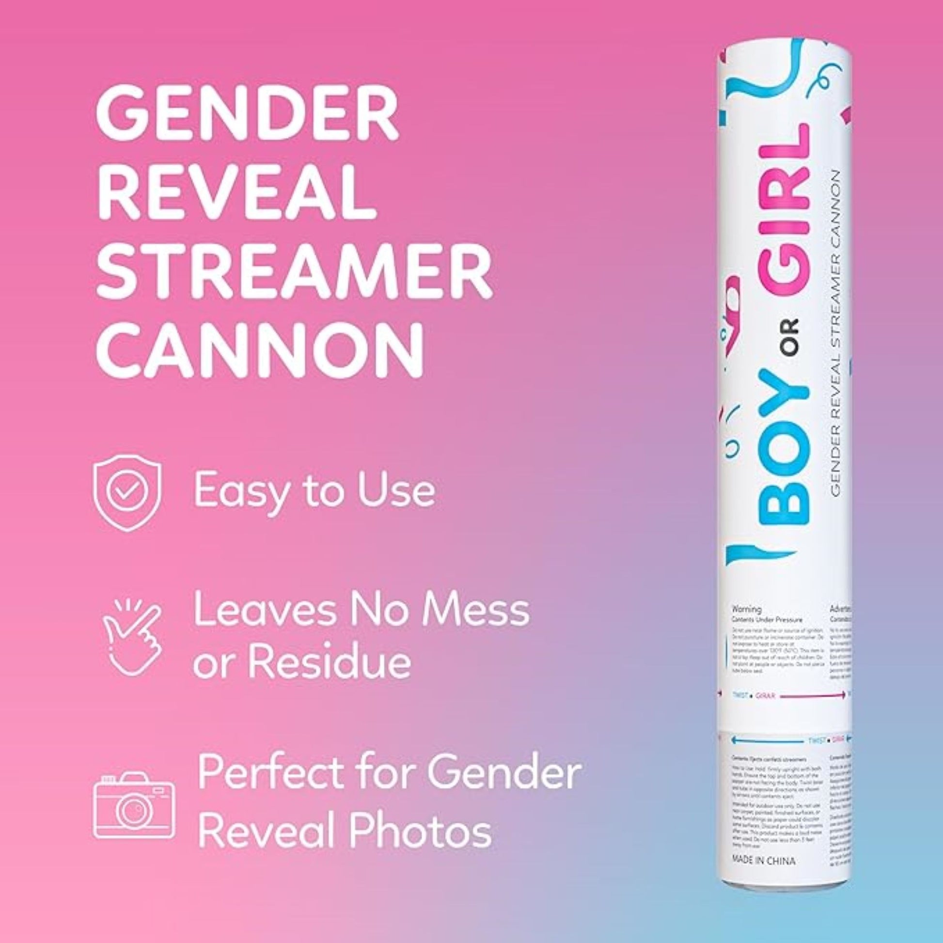 Gender reveal streamer cannon with 3 blue and 3 pink no-mess streamers — product view 4