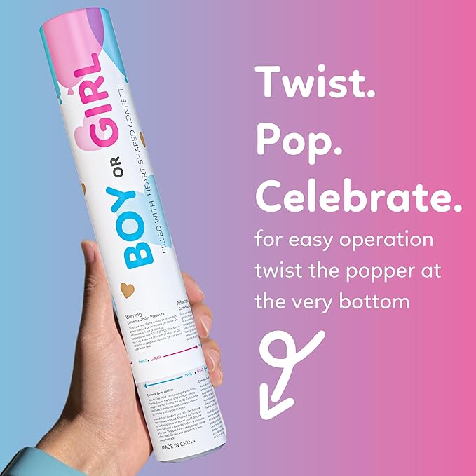 Gender reveal confetti cannon with gold hearts, 3 blue and 3 pink poppers — product view 5