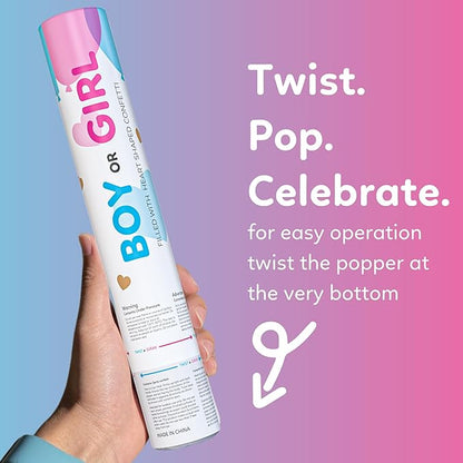 Gender reveal confetti cannon with gold hearts, 3 blue and 3 pink poppers — product view 5