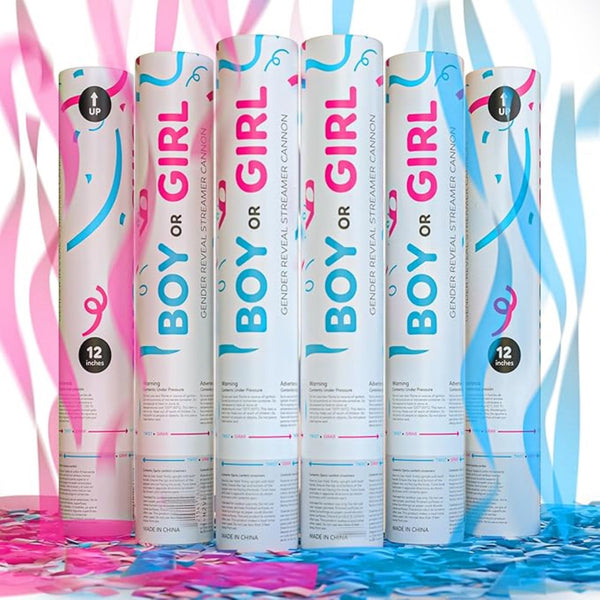 Gender reveal streamer cannon with 3 blue and 3 pink no-mess streamers