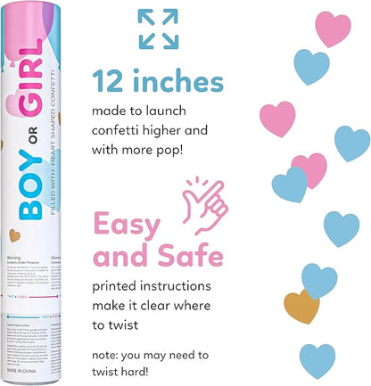 Gender reveal confetti cannon with gold hearts, 3 blue and 3 pink poppers — product view 4