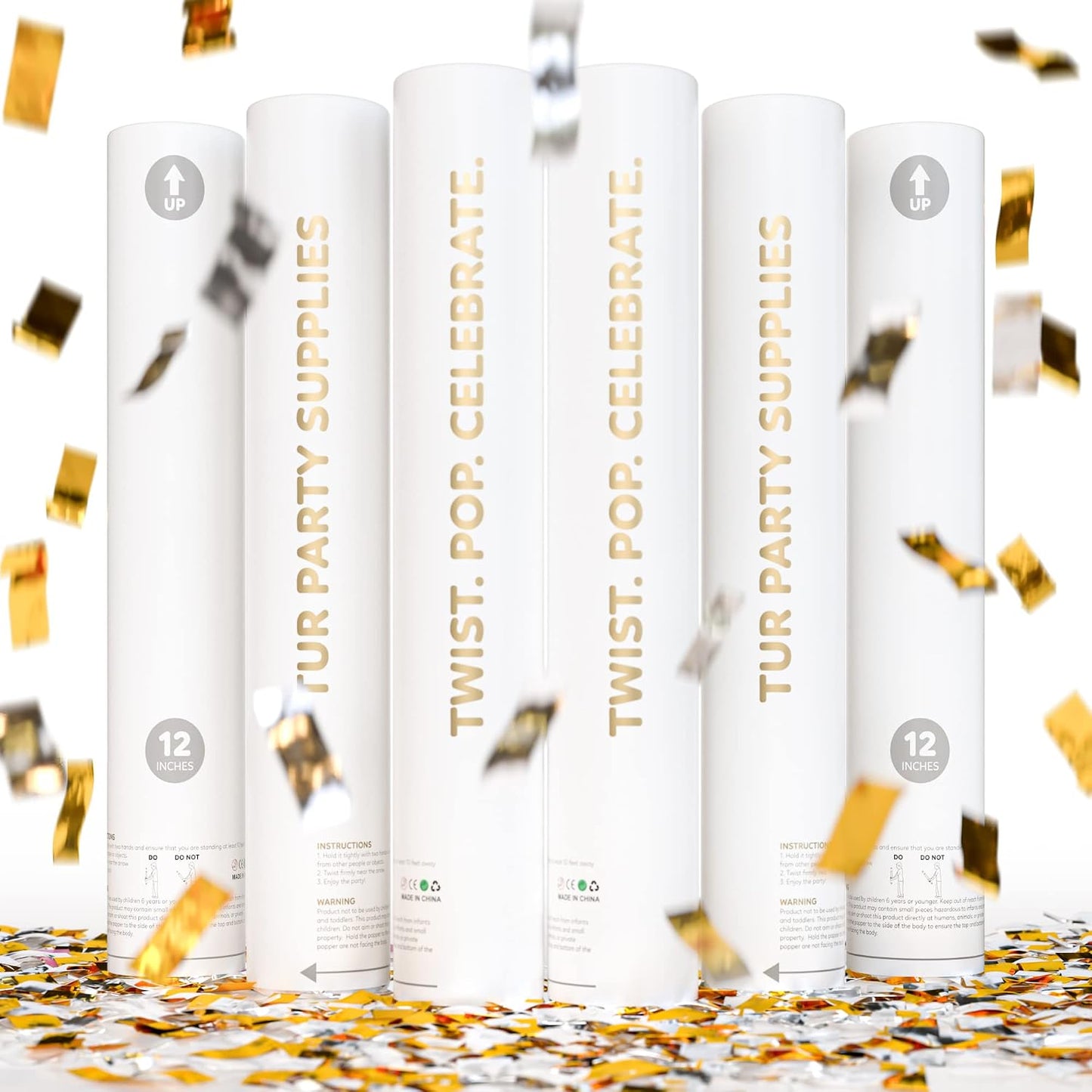 Gold and silver wedding confetti cannon, 6-pack that launches biodegradable confetti up to 25 feet