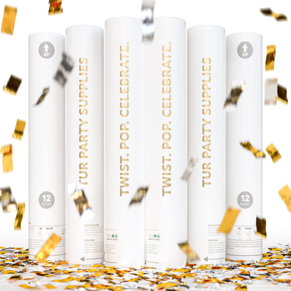 Gold and silver wedding confetti cannon, 6-pack that launches biodegradable confetti up to 25 feet