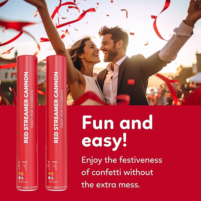 Red Streamer Cannon Confetti Poppers | Biodegradable Red Confetti | TUR Party Supplies  Party Poppers for Celebrations