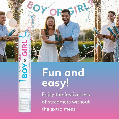 Gender reveal streamer cannon with 3 blue and 3 pink no-mess streamers — product view 2
