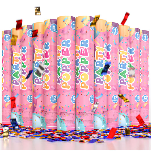 Shiny metallic multicolor confetti cannon, 12 inch popper that launches confetti up to 25 feet