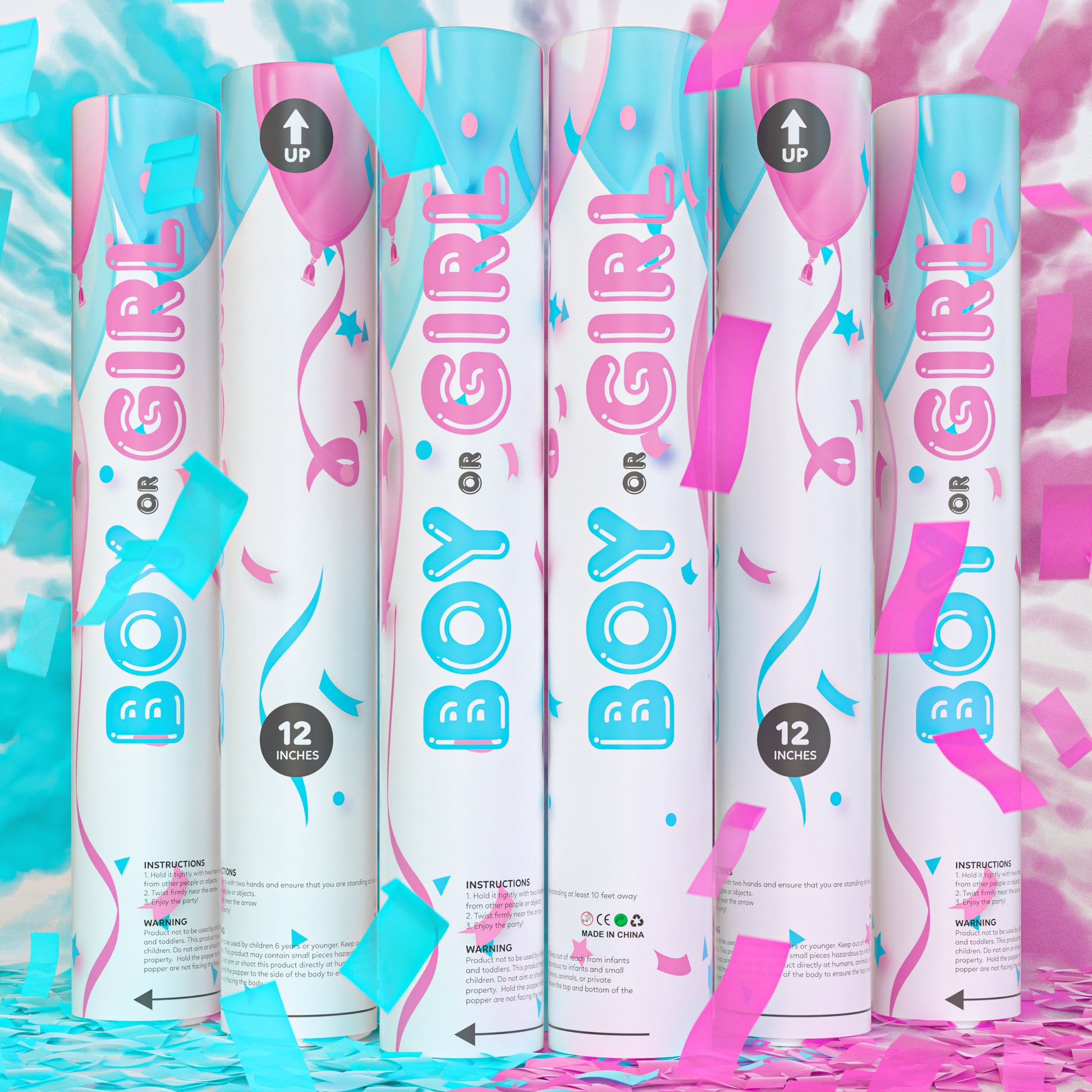 Gender reveal confetti and powder cannon kit with 3 blue and 3 pink poppers