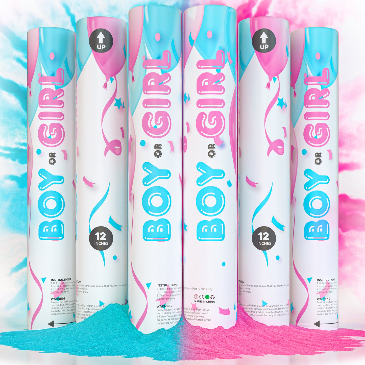 Gender reveal powder cannon kit with 3 blue and 3 pink biodegradable poppers