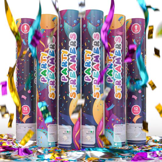 Multicolor metallic streamer cannon, 12 inch no-mess popper that launches streamers up to 25 feet
