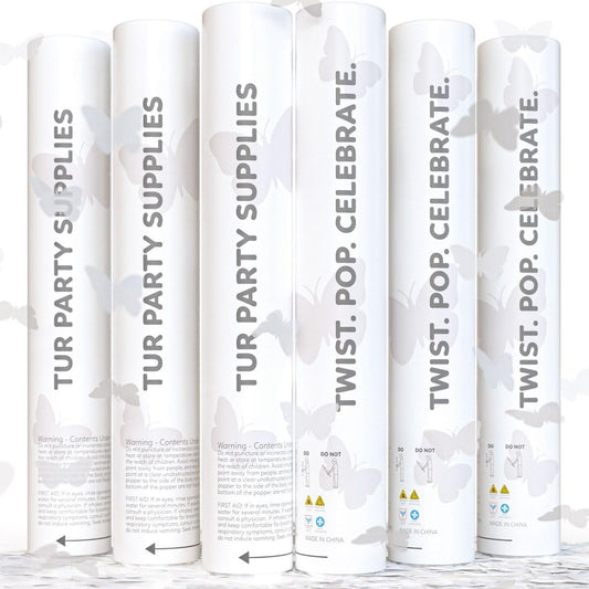 White butterfly biodegradable confetti cannon, 6-pack that launches up to 25 feet