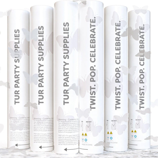White butterfly biodegradable confetti cannon, 6-pack that launches up to 25 feet