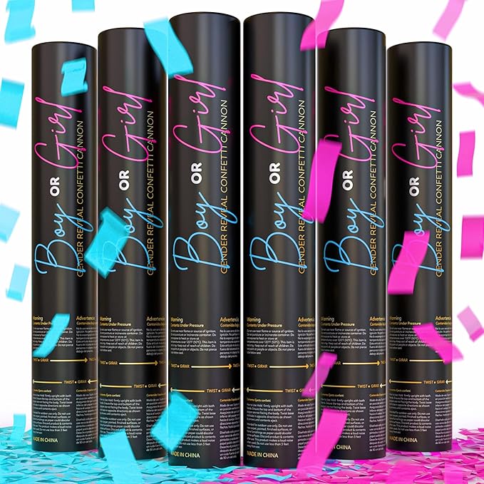 Gender reveal confetti cannon, 3 pink and 3 blue biodegradable poppers