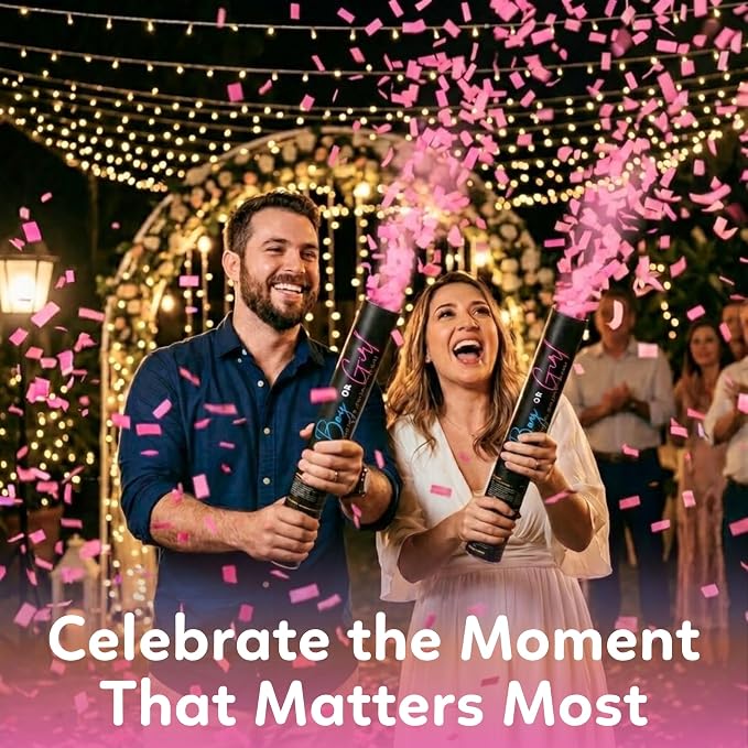Gender reveal confetti cannon, 3 pink and 3 blue biodegradable poppers — product view 7