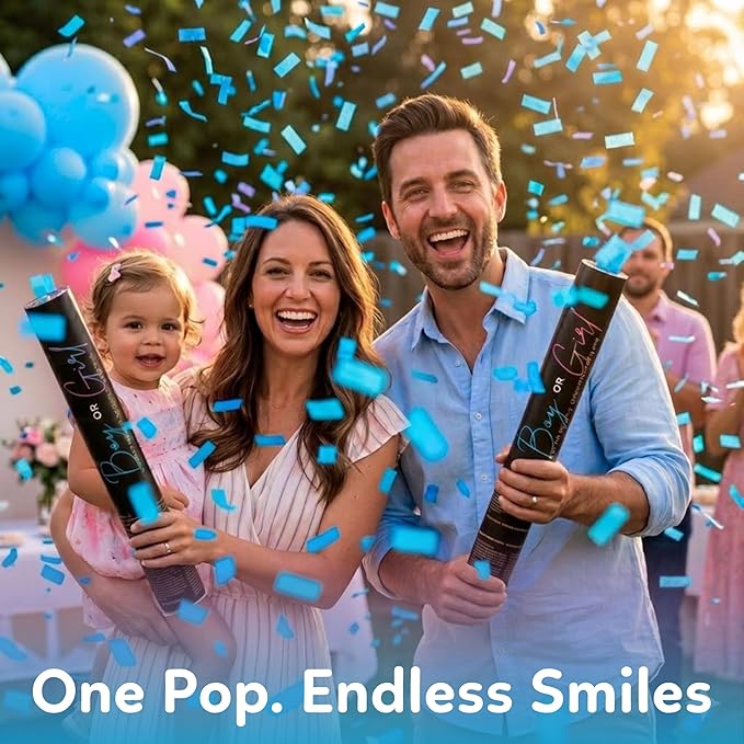 Gender reveal confetti cannon, 3 pink and 3 blue biodegradable poppers — product view 4