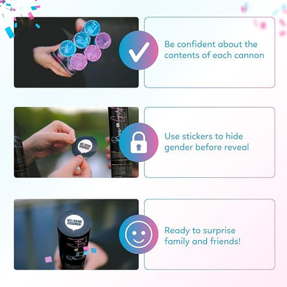 Gender reveal confetti cannon, 3 pink and 3 blue biodegradable poppers — product view 5
