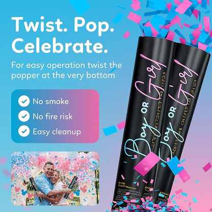 Gender reveal confetti cannon, 3 pink and 3 blue biodegradable poppers — product view 6