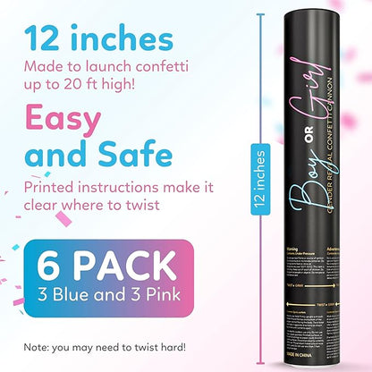 Gender reveal confetti cannon, 3 pink and 3 blue biodegradable poppers — product view 2