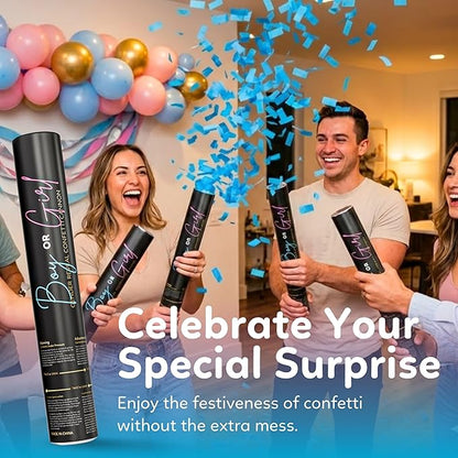 Gender reveal confetti cannon, 3 pink and 3 blue biodegradable poppers — product view 3