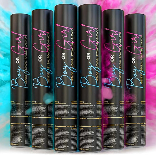 Gender reveal powder cannon, 3 pink and 3 blue biodegradable poppers