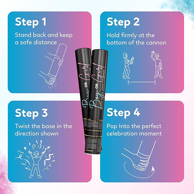 Gender reveal powder cannon, 3 pink and 3 blue biodegradable poppers — product view 5