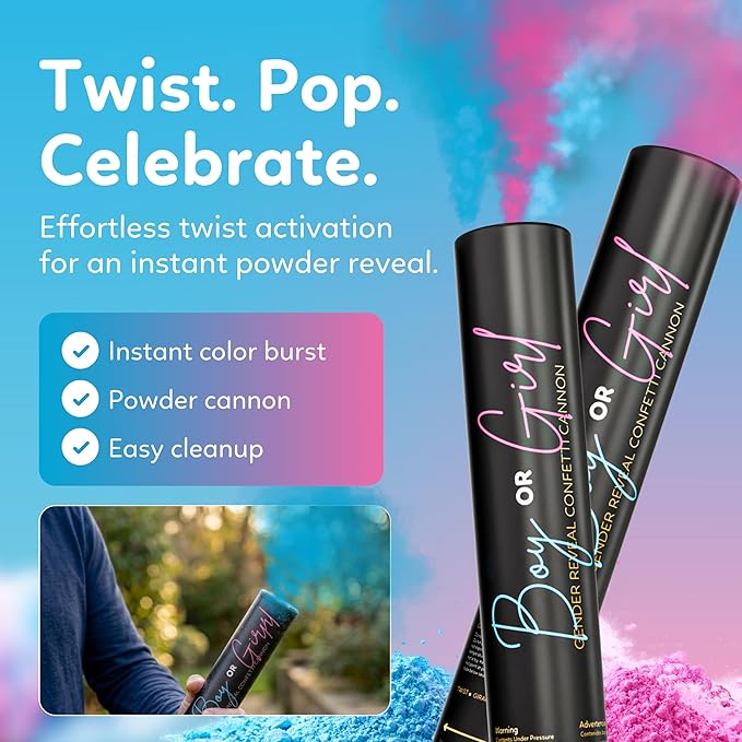 Gender reveal powder cannon, 3 pink and 3 blue biodegradable poppers — product view 3