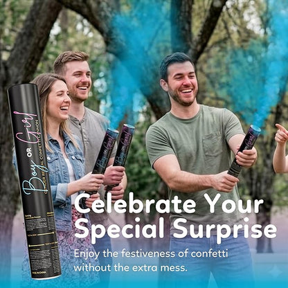 Gender reveal powder cannon, 3 pink and 3 blue biodegradable poppers — product view 2