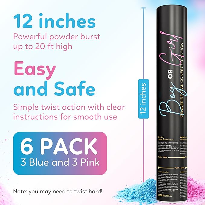 Gender reveal powder cannon, 3 pink and 3 blue biodegradable poppers — product view 6
