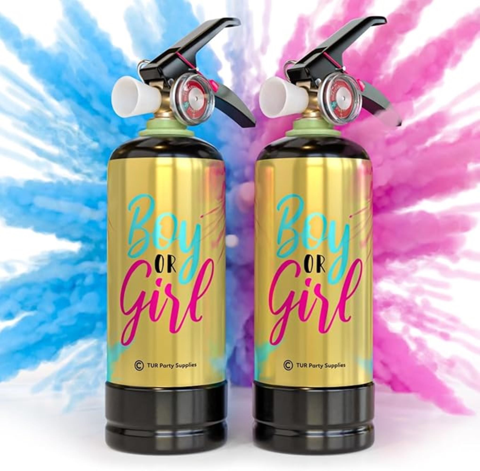 Baby Gender Reveal (1 Blue, 1 Pink) Fire Extinguisher Smoke Bombs Powder Cannon Gold - Gender Reveal Ideas