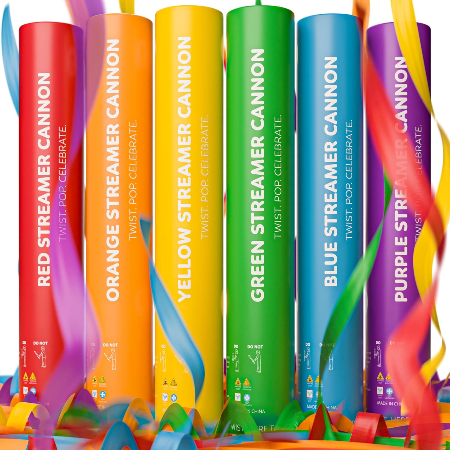 Biodegradable Streamer Cannon rainbow 6-pack, white background