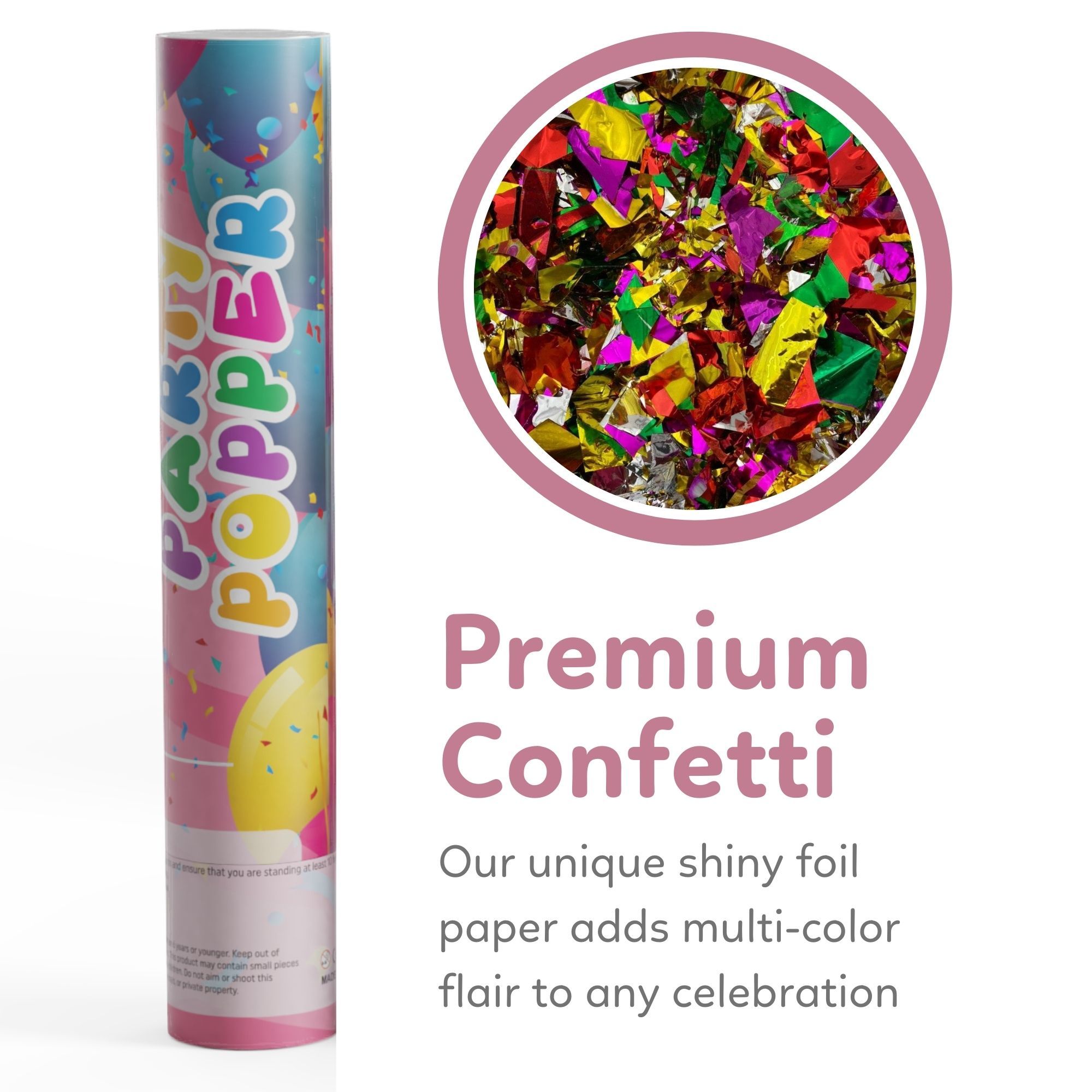 confetti cannon with premium multicolor metallic confetti