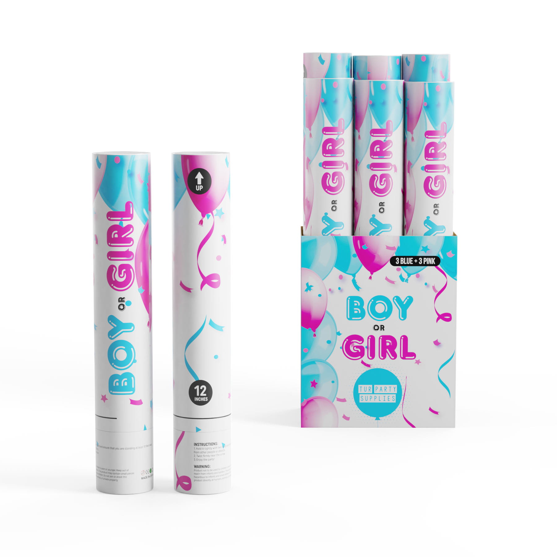 Gender Reveal Poppers with Confetti and Powder for an exciting reveal 6 pack